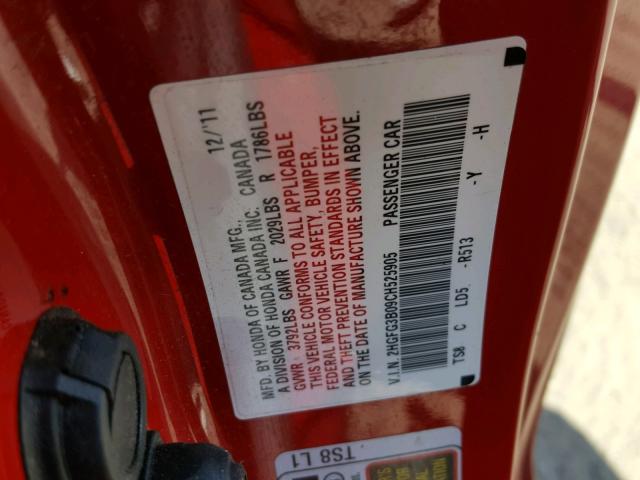 2HGFG3B09CH525905 - 2012 HONDA CIVIC EXL Qırmızı foto 10