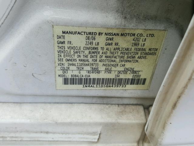 1N4AL11D56N439733 - 2006 NISSAN ALTIMA WHITE photo 10