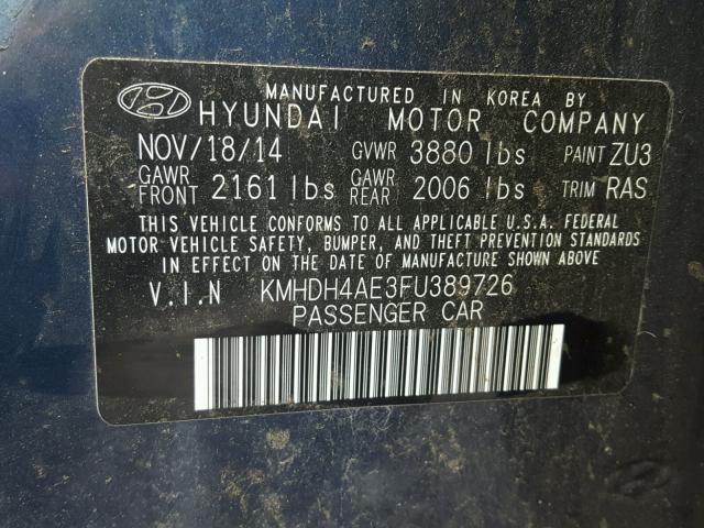 KMHDH4AE3FU389726 - 2015 HYUNDAI ELANTRA SE BLUE photo 10