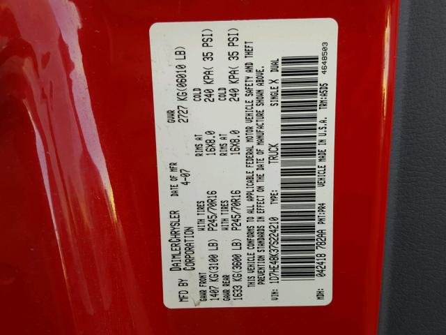 1D7HE48K37S224210 - 2007 DODGE DAKOTA QUA RED photo 10