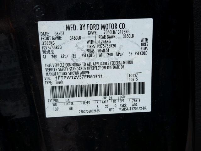 1FTPW12V37FB51711 - 2007 FORD F150 SUPER BLACK photo 10