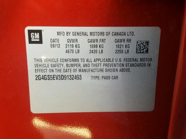 2G4GS5EV3D9132493 - 2013 BUICK REGAL PREM RED photo 10