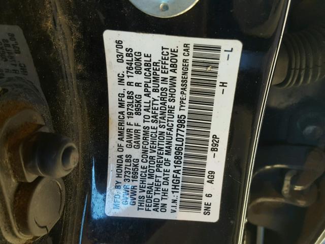 1HGFA16896L077985 - 2006 HONDA CIVIC EX BLACK photo 10