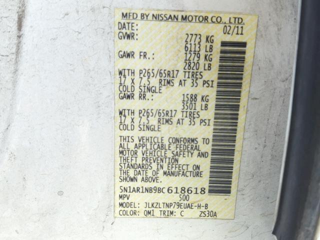 5N1AR1NB9BC618618 - 2011 NISSAN PATHFINDER WHITE photo 10