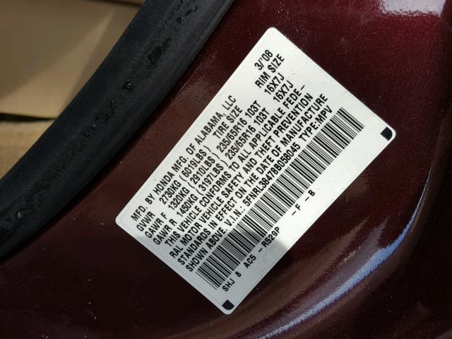 5FNRL38478B058045 - 2008 HONDA ODYSSEY BURGUNDY photo 10