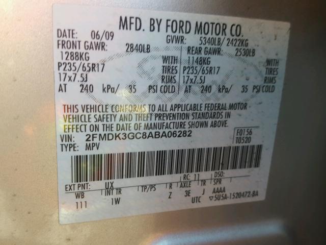 2FMDK3GC8ABA06282 - 2010 FORD EDGE SILVER photo 10