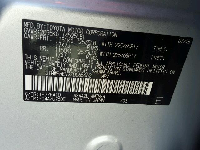 JTMWFREV2FD065662 - 2015 TOYOTA RAV4 XLE SILVER photo 10