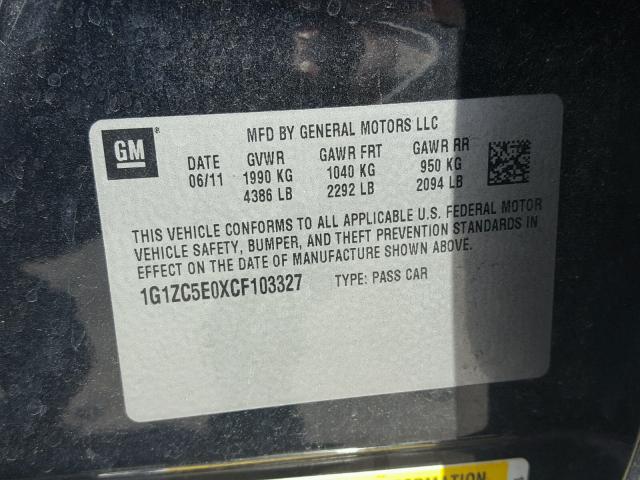 1G1ZC5E0XCF103327 - 2012 CHEVROLET MALIBU 1LT შავი ფოტო 10