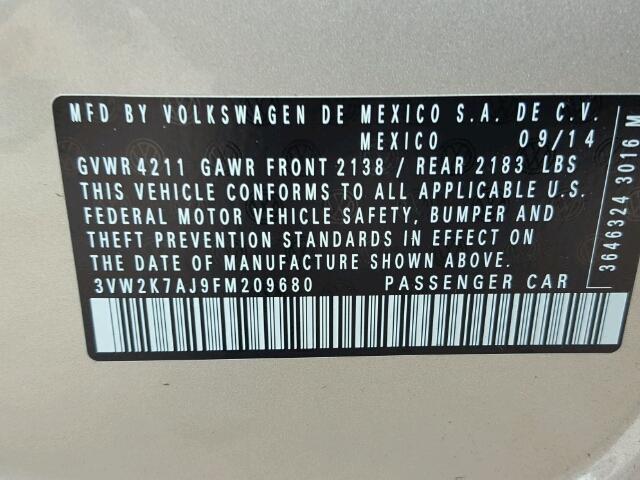 3VW2K7AJ9FM209680 - 2015 VOLKSWAGEN JETTA BASE 米色 照片 10