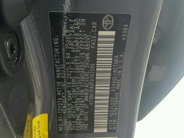 4T1BK1EBXFU162590 - 2015 TOYOTA AVALON XLE CHARCOAL photo 10