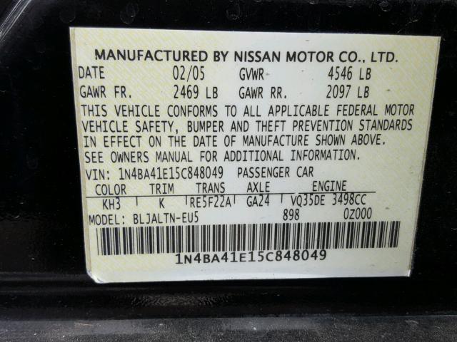 1N4BA41E15C848049 - 2005 NISSAN MAXIMA SE BLACK photo 10