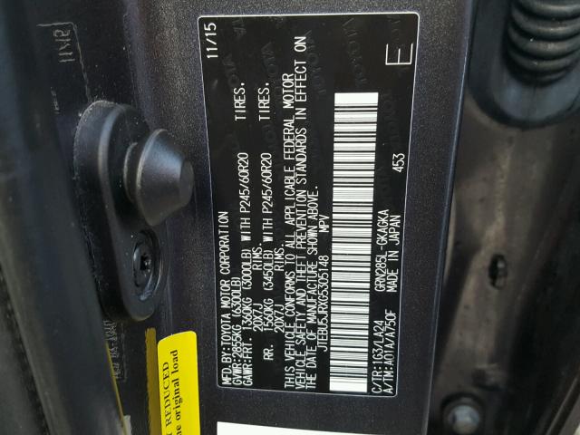 JTEBU5JRXG5305148 - 2016 TOYOTA 4RUNNER SR GRAY photo 10