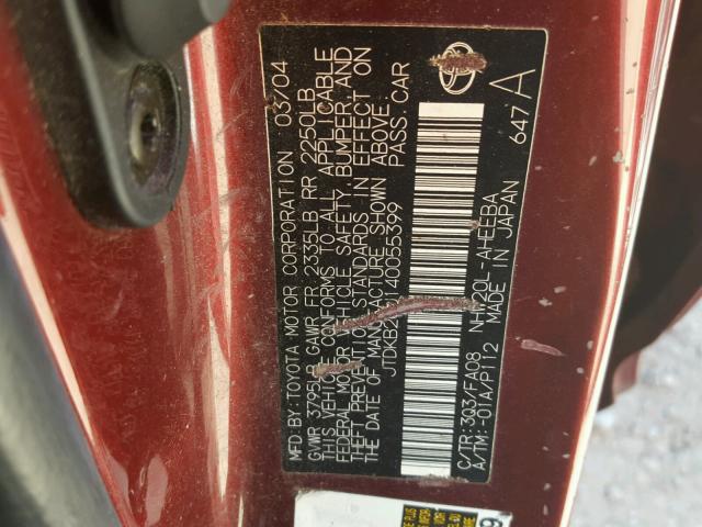 JTDKB20U140055399 - 2004 TOYOTA PRIUS RED photo 10