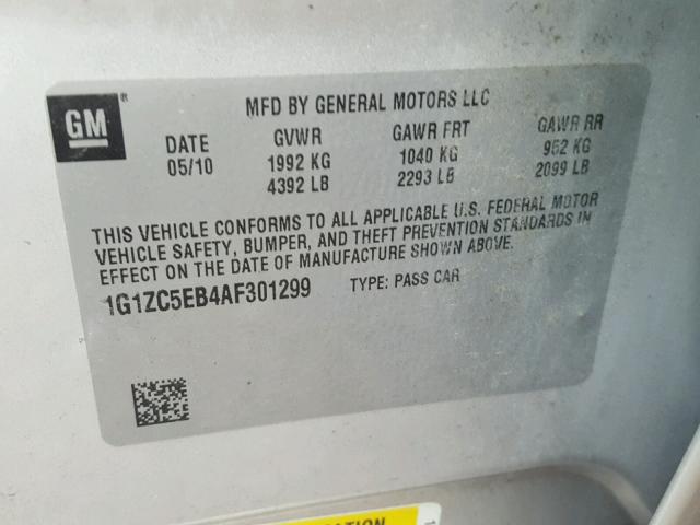 1G1ZC5EB4AF301299 - 2010 CHEVROLET MALIBU 1LT 银色 照片 10