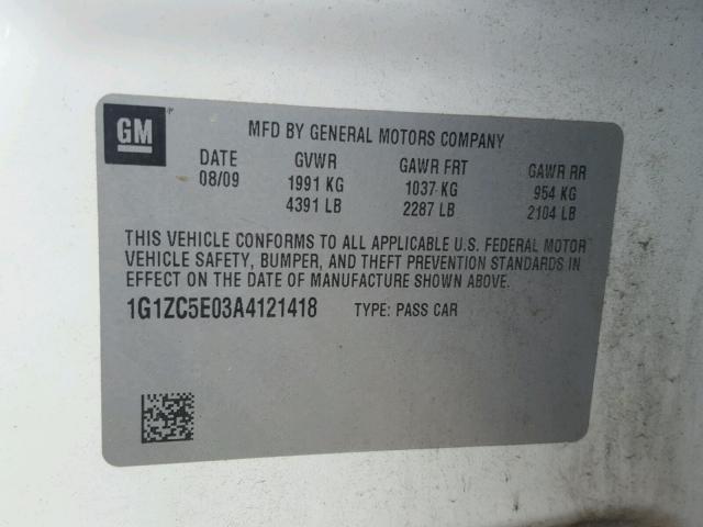 1G1ZC5E03A4121418 - 2010 CHEVROLET MALIBU 1LT თეთრი ფოტო 10