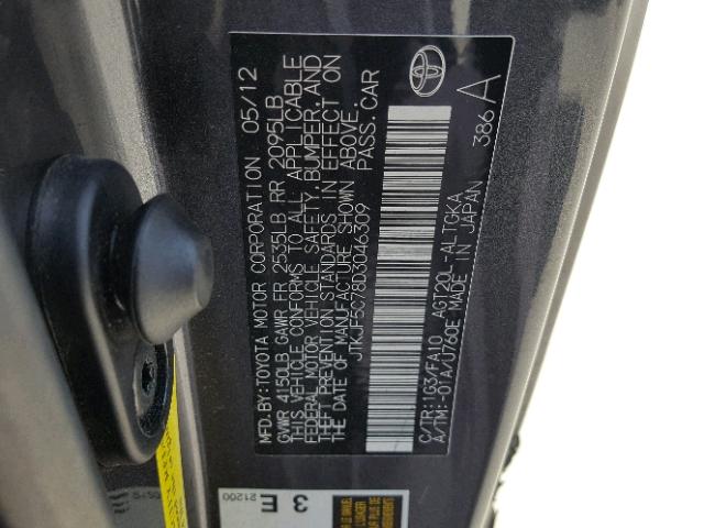 JTKJF5C78D3046309 - 2013 TOYOTA SCION TC 灰色 照片 10