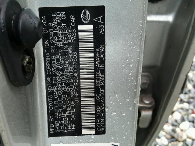 JTHED192040087603 - 2004 LEXUS IS 300 SPO SILVER photo 10