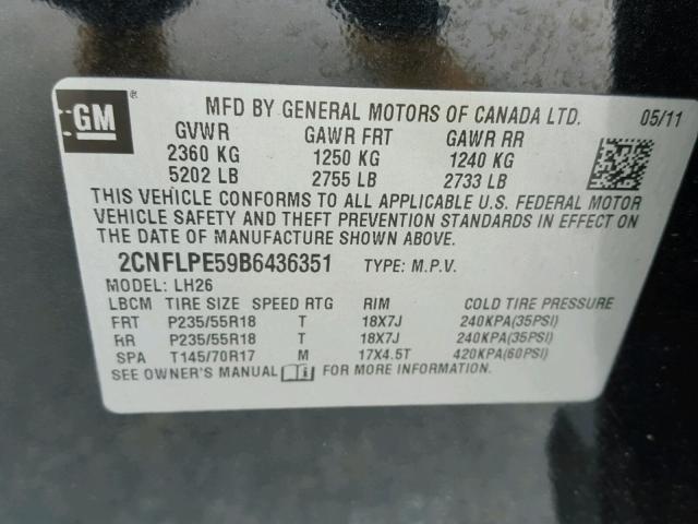 2CNFLPE59B6436351 - 2011 CHEVROLET EQUINOX LT BLACK photo 10