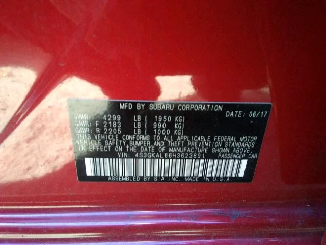 4S3GKAL66H3623891 - 2017 SUBARU IMPREZA SP RED photo 10