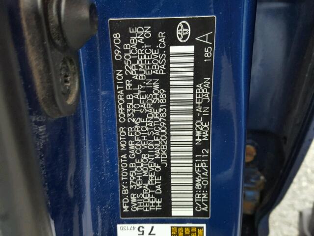 JTDKB20U097831889 - 2009 TOYOTA PRIUS BLUE photo 10