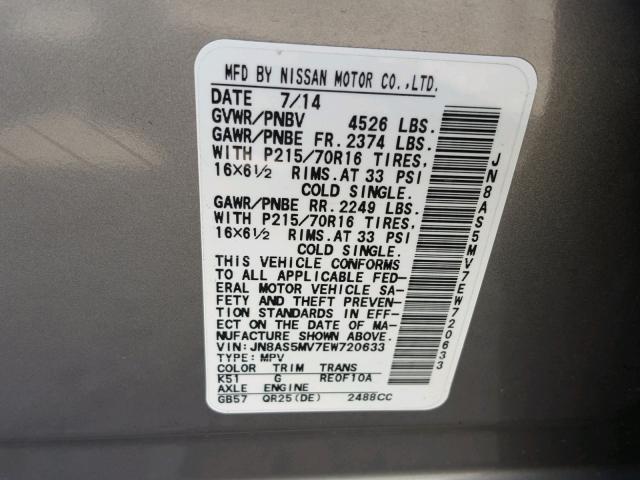 JN8AS5MV7EW720633 - 2014 NISSAN ROGUE SELE GRAY photo 10