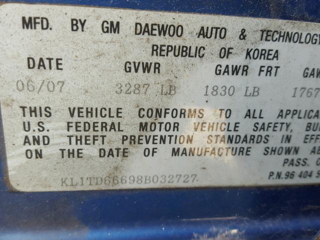 KL1TD66698B032727 - 2008 CHEVROLET AVEO BASE Niebieski zdjęcie 10