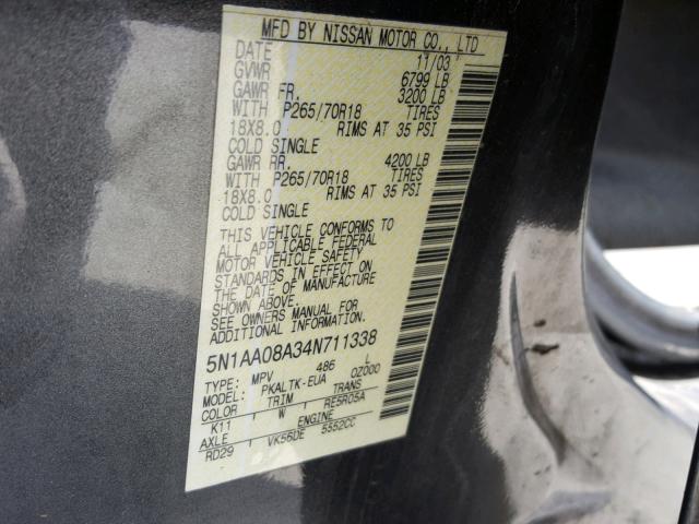 5N1AA08A34N711338 - 2004 NISSAN ARMADA SE CHARCOAL photo 10