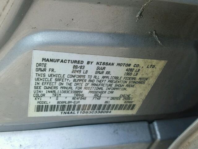 1N4AL11D83C338094 - 2003 NISSAN ALTIMA BAS SILVER photo 10