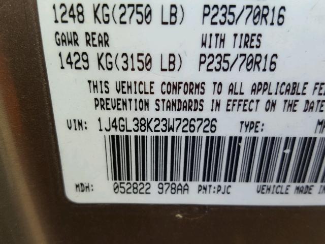 1J4GL38K23W726726 - 2003 JEEP LIBERTY RE GOLD photo 10