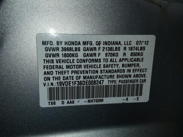 19VDE1F36DE008247 - 2013 ACURA ILX 20 SILVER photo 10