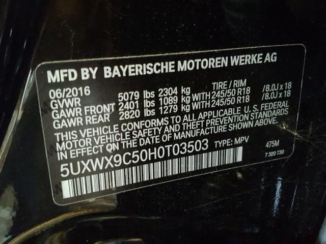 5UXWX9C50H0T03503 - 2017 BMW X3 BLACK photo 10