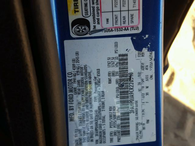 3FAHP0JA9CR226540 - 2012 FORD FUSION SEL BLUE photo 10