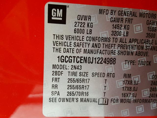 1GCGTCEN0J1224988 - 2018 CHEVROLET COLORADO L RED photo 10