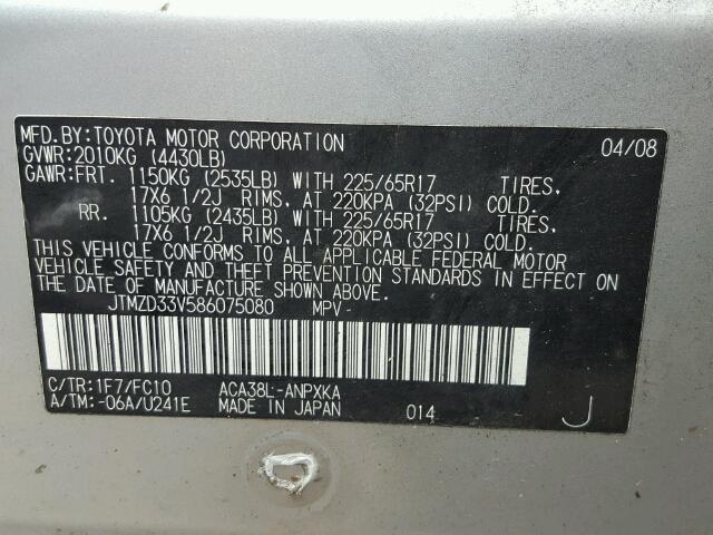 JTMZD33V586075080 - 2008 TOYOTA RAV4 SILVER photo 10