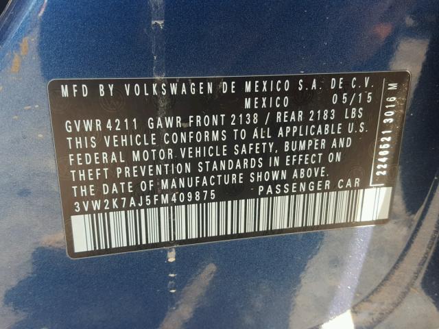 3VW2K7AJ5FM409875 - 2015 VOLKSWAGEN JETTA BASE Կապույտ լուսանկար 10