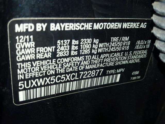 5UXWX5C5XCL722877 - 2012 BMW X3 BLACK photo 10