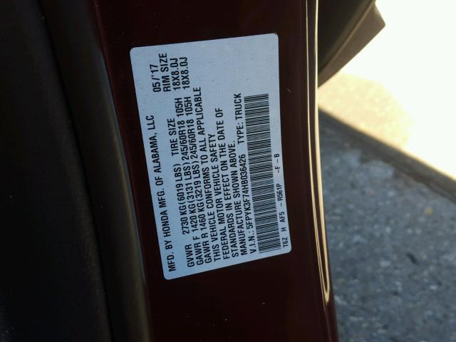 5FPYK3F74HB036426 - 2017 HONDA RIDGELINE MAROON photo 10