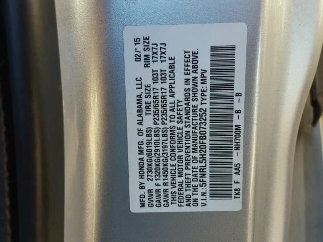 5FNRL5H20FB073252 - 2015 HONDA ODYSSEY LX SILVER photo 10