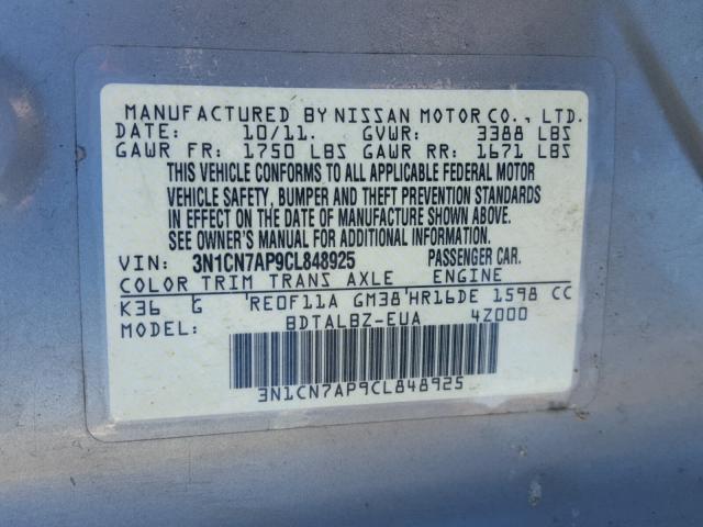 3N1CN7AP9CL848925 - 2012 NISSAN VERSA S GRAY photo 10