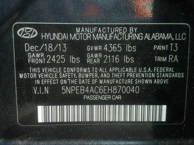 5NPEB4AC6EH870040 - 2014 HYUNDAI SONATA GLS BLUE photo 10