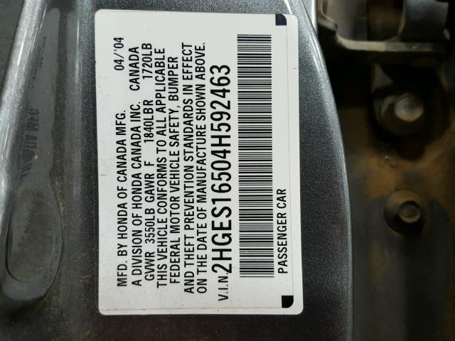 2HGES16504H592463 - 2004 HONDA CIVIC GRAY photo 10