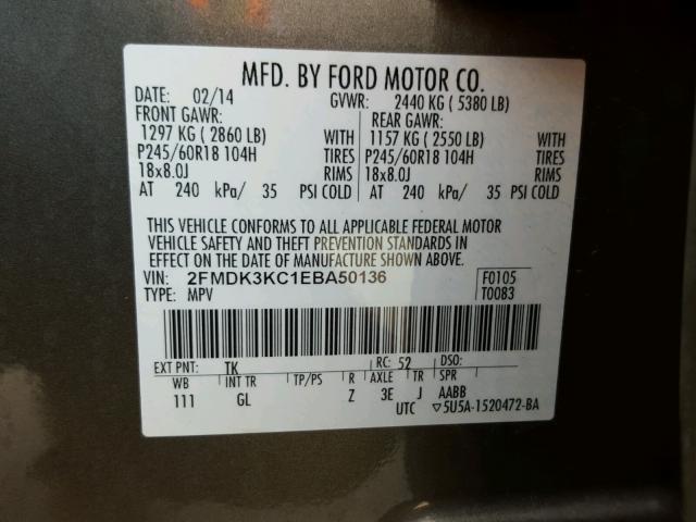 2FMDK3KC1EBA50136 - 2014 FORD EDGE Сірий фото 10