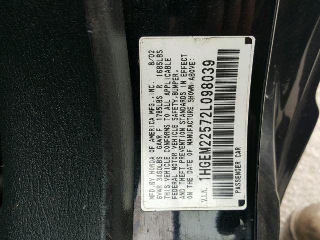 1HGEM22572L098039 - 2002 HONDA CIVIC LX BLACK photo 10