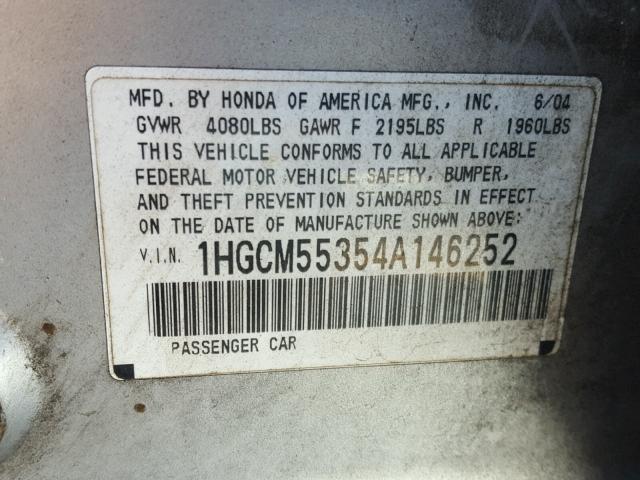 1HGCM55354A146252 - 2004 HONDA ACCORD LX SILVER photo 10