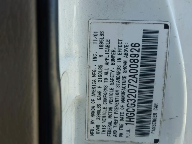 1HGCG32072A008926 - 2002 HONDA ACCORD SE WHITE photo 10