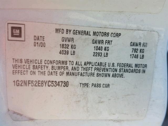 1G2NF52E8YC534730 - 2000 PONTIAC GRAND AM S WHITE photo 10