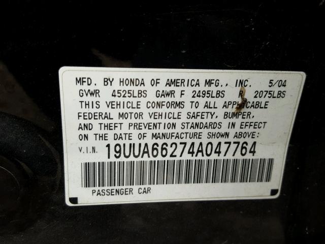 19UUA66274A047764 - 2004 ACURA TL BLACK photo 10