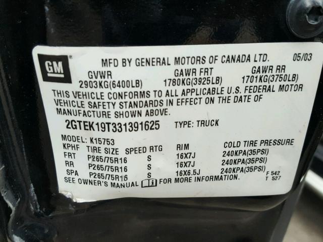 2GTEK19T331391625 - 2003 GMC NEW SIERRA BLACK photo 10