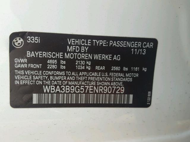 WBA3B9G57ENR90729 - 2014 BMW 335 WHITE photo 10
