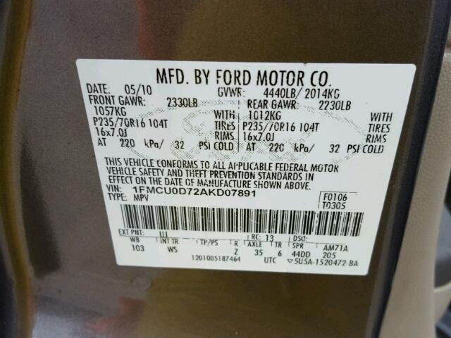 1FMCU0D72AKD07891 - 2010 FORD ESCAPE XLT CHARCOAL photo 10